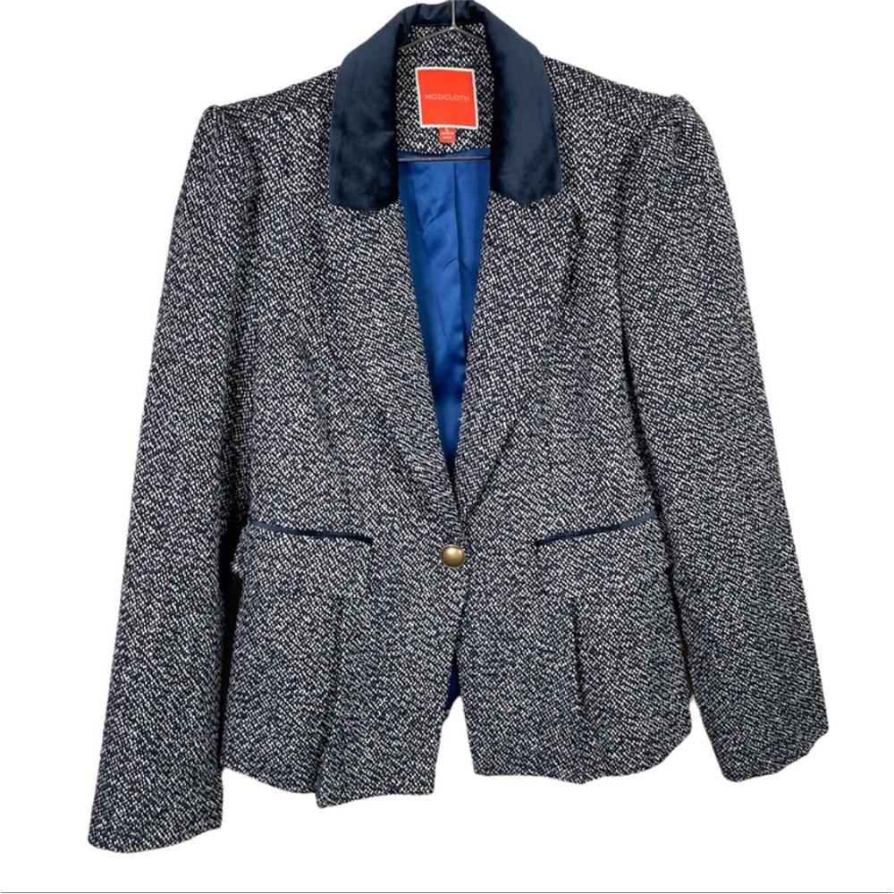 Modcloth Navy & White Tweed Blazer with Satin Collar
